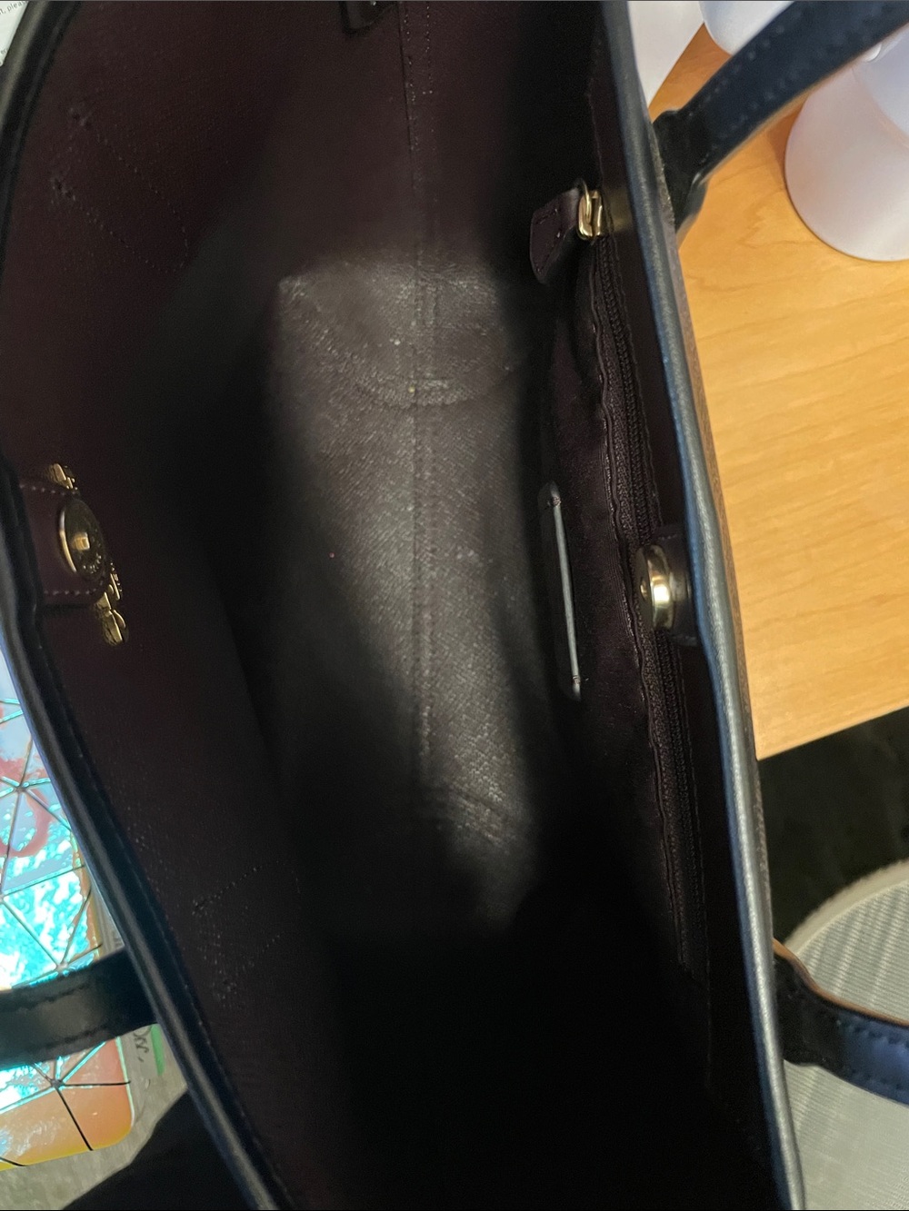 Coach Brown Signature Canvas Tote with Black Leather Trim and Gold Hardware - Picture 3 of 5